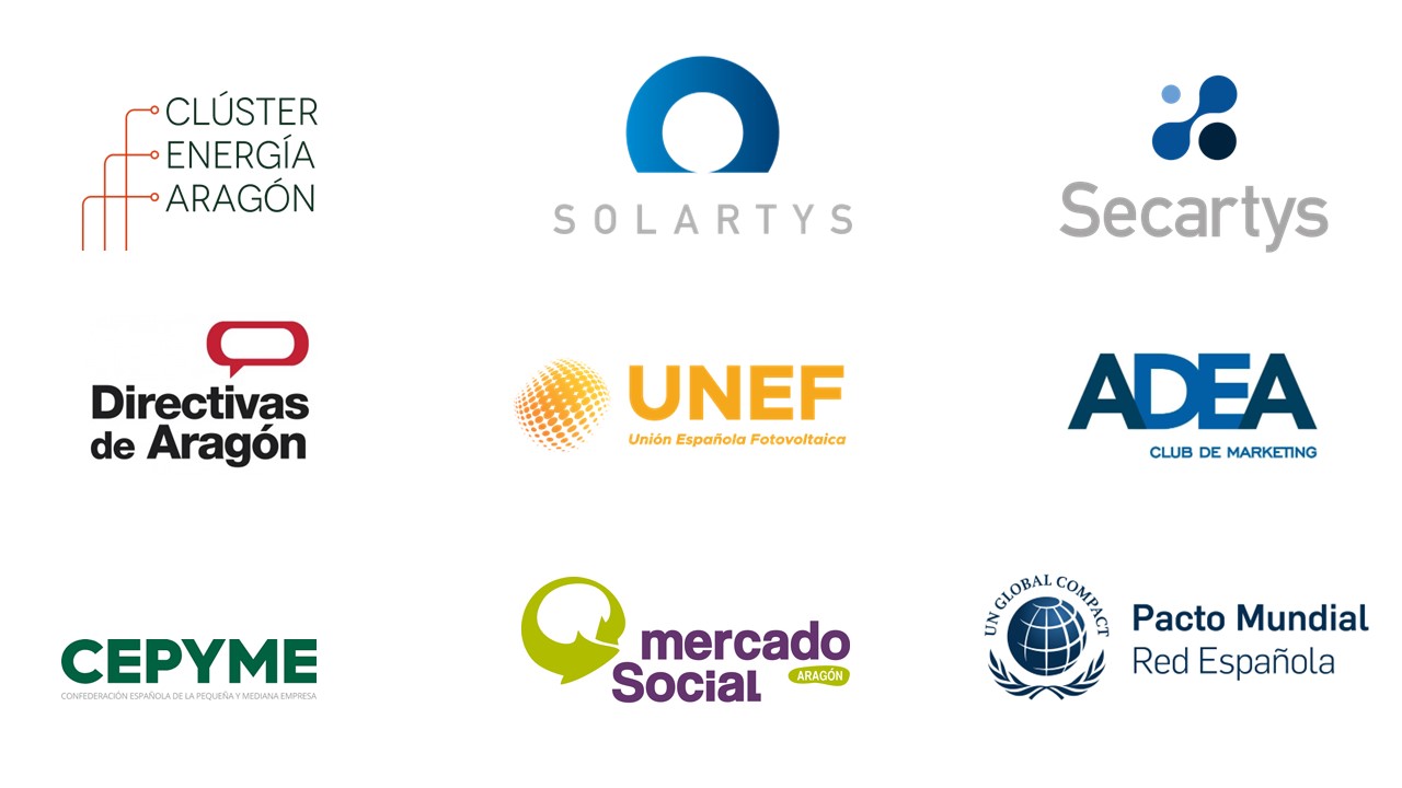 Logos de Clúster de la Energía de Aragón, Solartys, Secartys, Directivas de Aragón, UNEF, ADEA, CEPYME, Mercado Social, Pacto Mundial